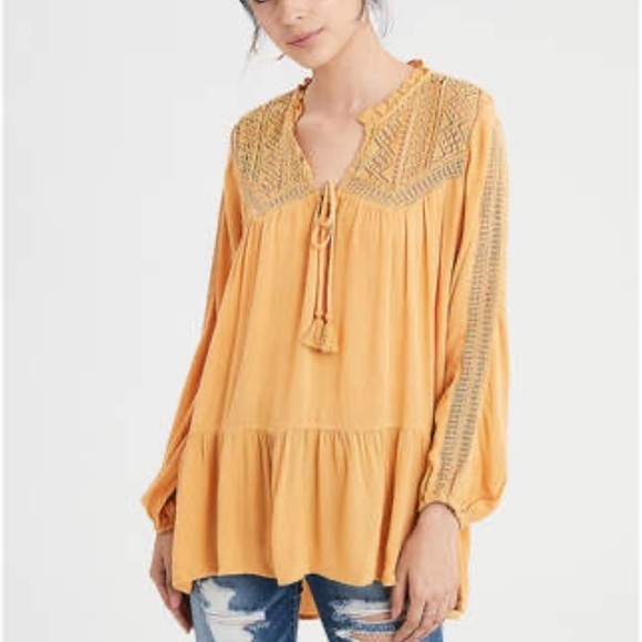 American Eagle Outfitters Tops - American Eagle Yellow Lace Inset Long Sleeve Boho Tunic Blouse Size Small